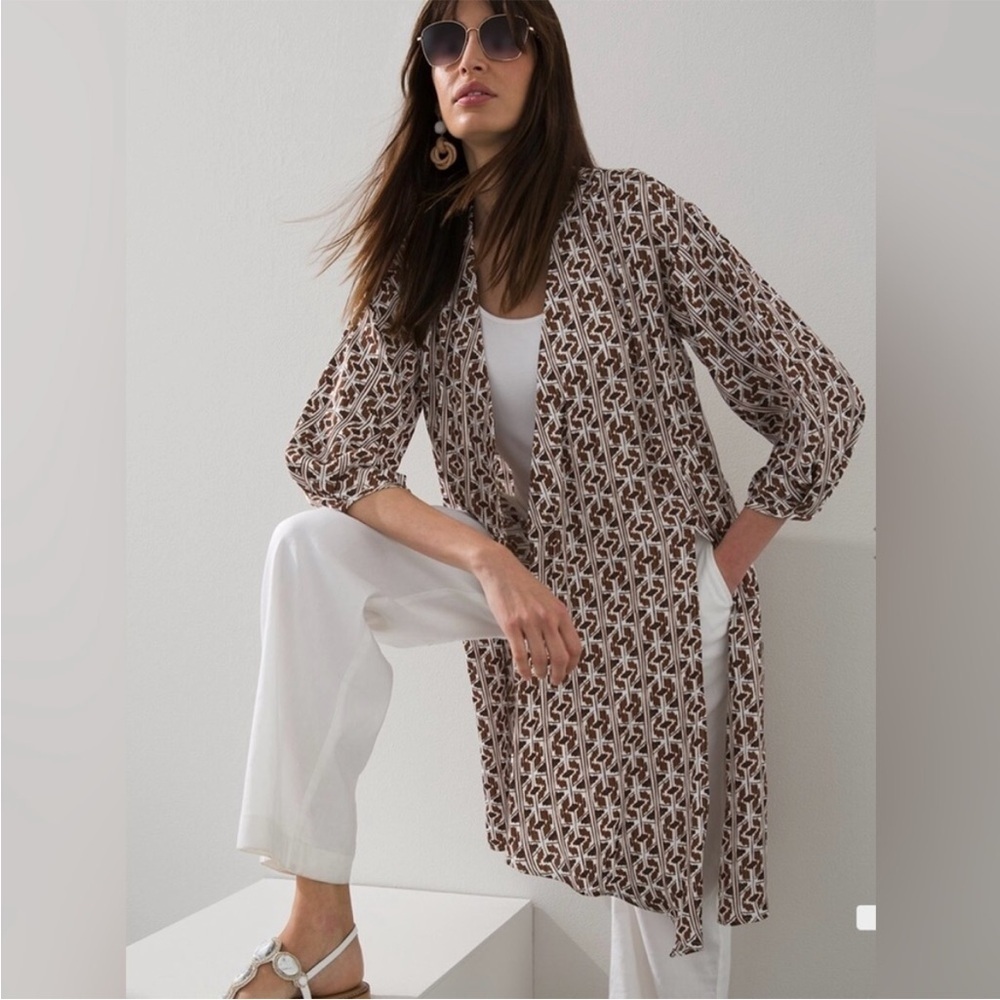 Chicos Tie-Front Drama Kimono duster satin lightweight fabric brown white S/M - Picture 3 of 10
